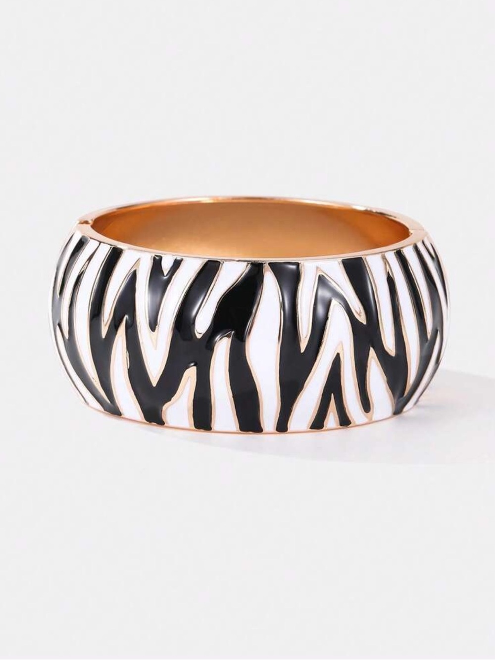 Zebra Enamel Clamper Bangle Bracelet Black White Gold Tone